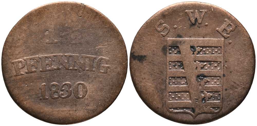Саксен-Веймар-Эйзенах 1-1/2 пфеннига 1830 Карл Фридрих Саксен-Веймар-Эйзенахский (1828-1853) KM 78, Jaeger 520, AKS 29, Koppe 633 медь    116-818