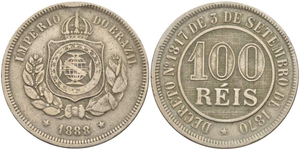 БРАЗИЛИЯ 100 РЕЙС 1888 ПЕДРО II (1831-1889) KM 483 медно-никель 4529-531