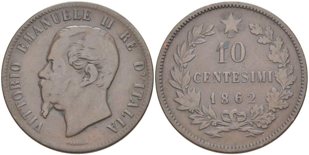 ИТАЛИЯ 10 ЧЕНТЕЗИМО 1862 МОНДВОР ПАРИЖ, ВИКТОР ЭММАНУИЛ II (1861-1878) KM 11.2 медь 4526-711