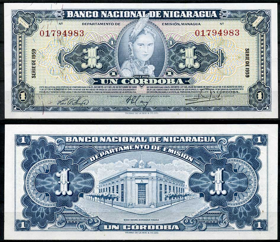 Никарагуа 1 кордоба 1959 индианка, здание центрального банка, Манагуа Pick 99 c  бумага  UNC (пресс) 451-697-3