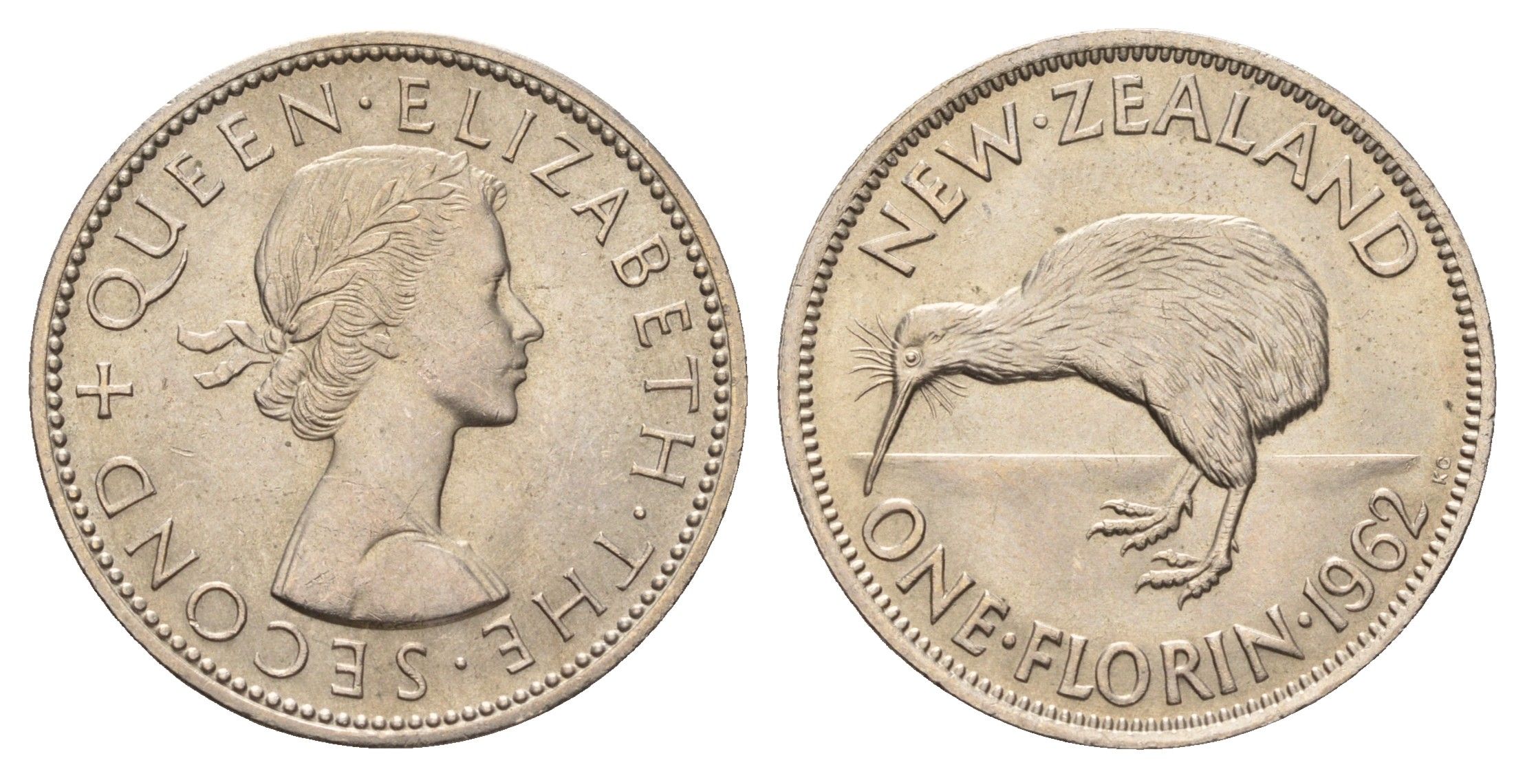 Новая Зеландия 2 шиллинга (флорин) 1962 Елизавета II (1952-2022), птичка киви KM 28.2 медно-никель UNC 4672-313