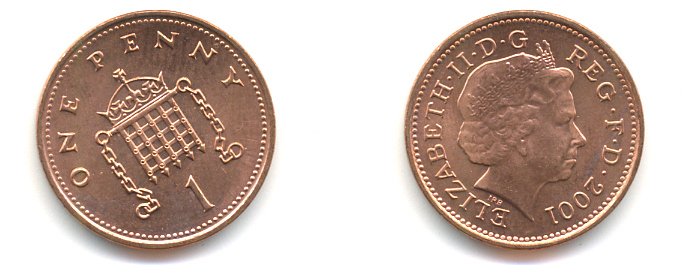 Великобритания 1 пенни 2001 Елизавета II (1952-2022) KM 986, Spink 4710 (B5) сталь плакированная медью UNC 89-547