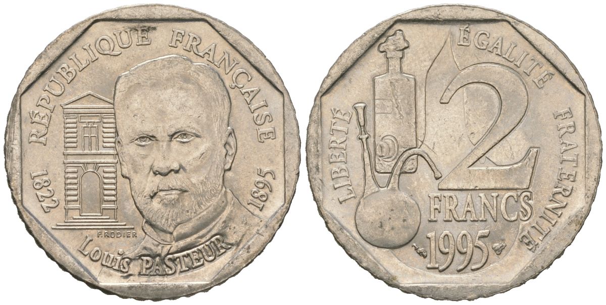 Франция 2 франка 1995 100 лет со дня смерти Луи Пастера KM 1119, Le Franc 274.2 никель UNC 4619-723