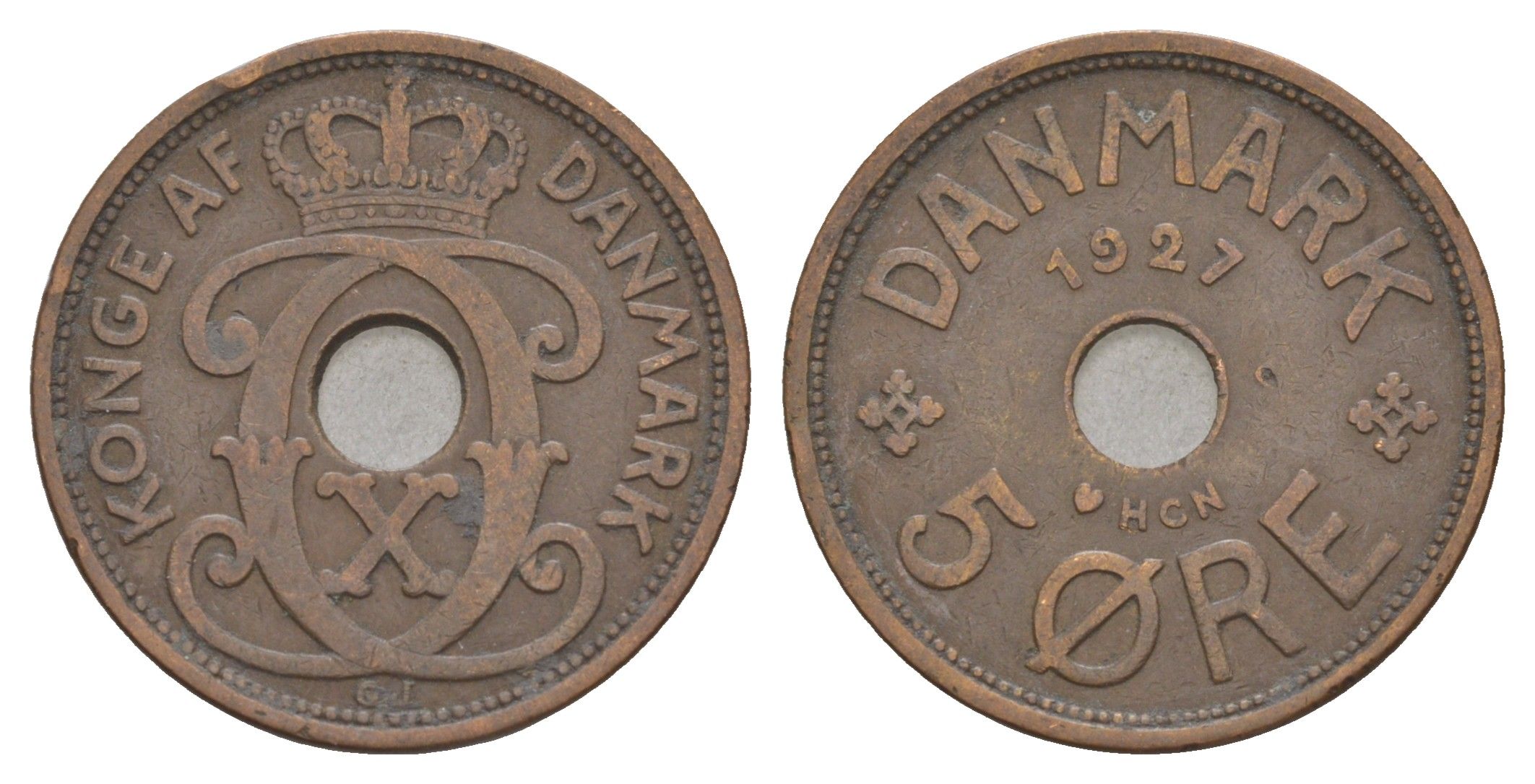 Дания 5 эре 1927 HCN, Кристиан X (1912-1947) KM 828 бронза 4657-222