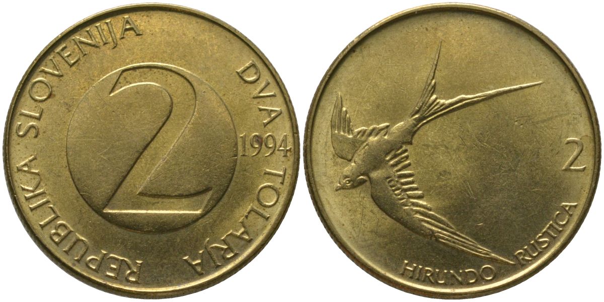 Словения 2 толара 1994 открытая четвертка (4) KM 5 латунь 4548-612