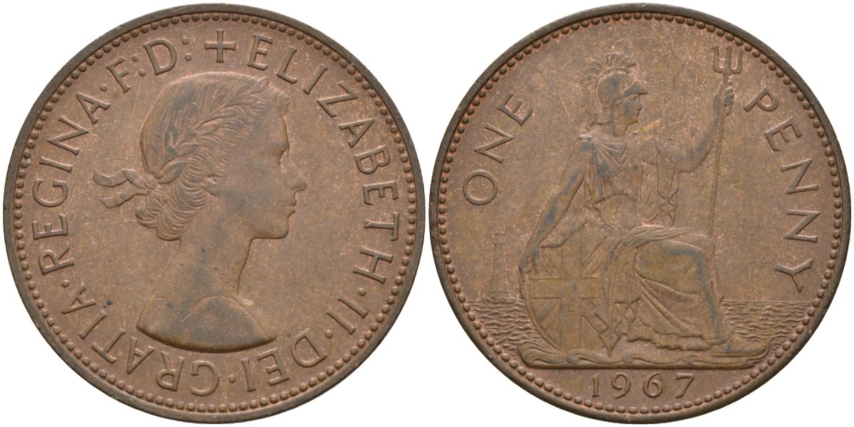 Великобритания 1 пенни 1967 Елизавета II (1952-2022) КМ 897, Spink 4157 бронза 4144-934