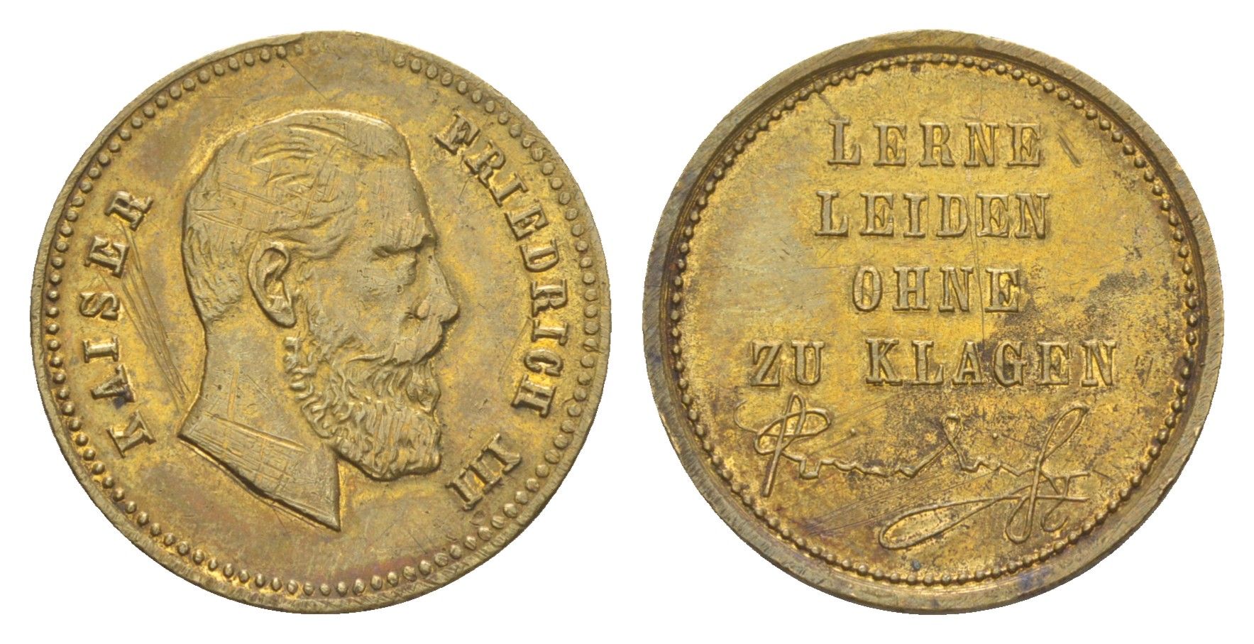 Германия жетон в память смерти Кайзера Фридриха III 1888 учись переносить страдания не жалуясь, диаметр 22 мм, вес 2,7 гр латунь 603-1121