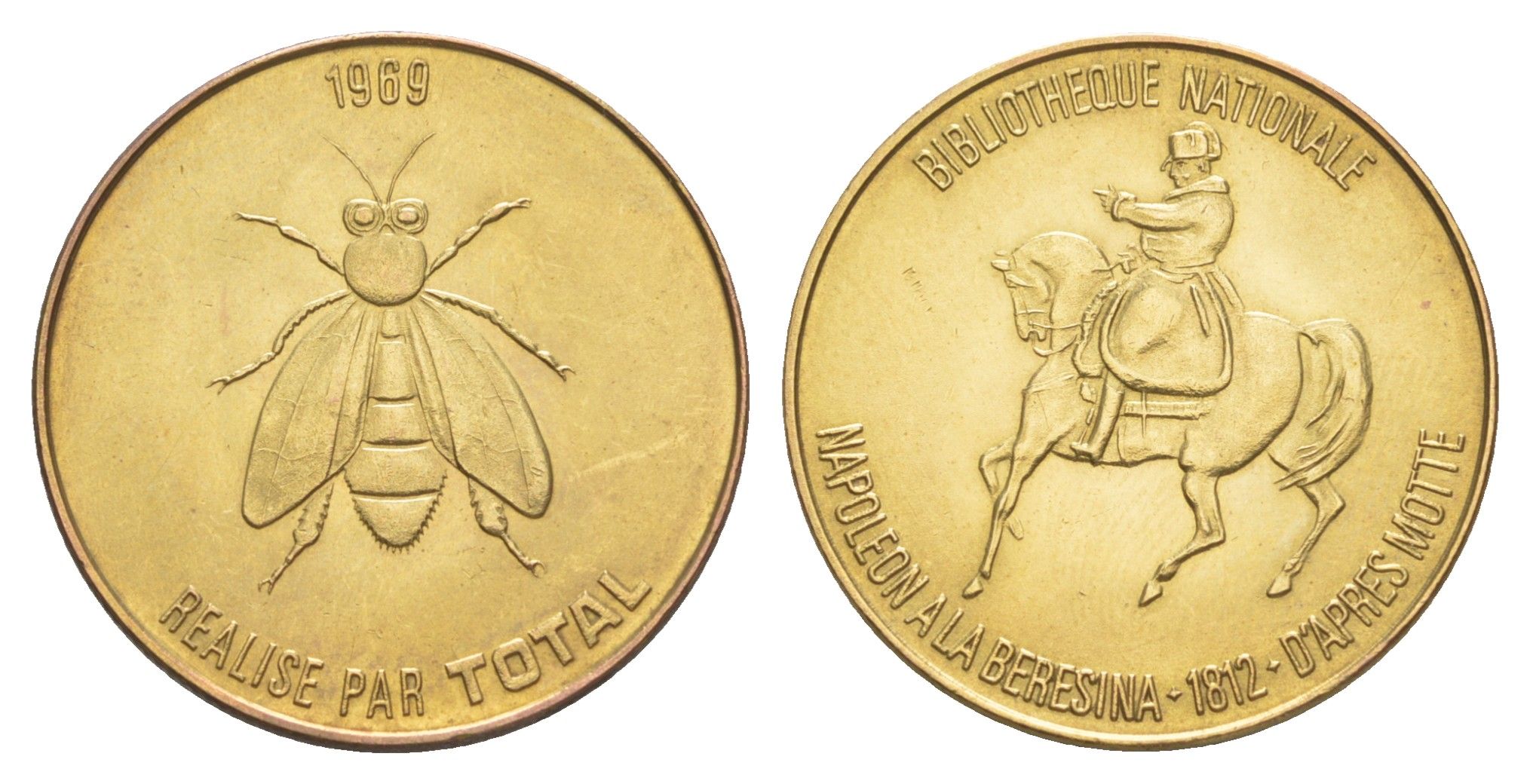 Франция жетон к 200-летию со дня рождения Наполеона-Бонапарта "Национальная библиотека Франции - Сражение на Березине" 1969 компания Total, диаметр 25,8 мм, вес 5 гр железо плакированная латунью UNC 4637-516