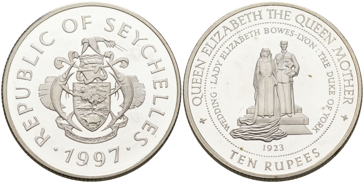 Сейшельские острова 10 рупий 1997 королевская свадьба Георга VI и Елизаветы Боуз-Лайон, 1923 год KM 90 серебро PROOF 1096-1-65