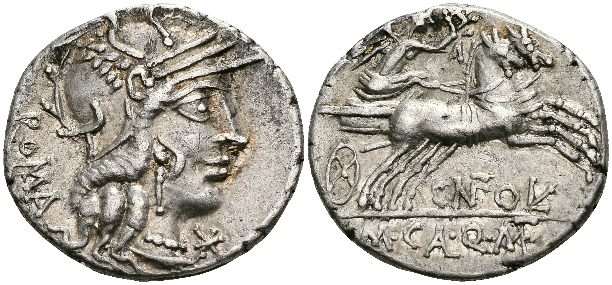 Римская Республика денарий 117 - 116 гг. до н.э. монетарии М. Калидий, Кв. Метелл и Гн. Фульвий. голова Ромы / Виктория в биге extremely fine 3,93 гр. Crawf. 284/1 b; Syd. 539 a серебро 1073-5-3-1