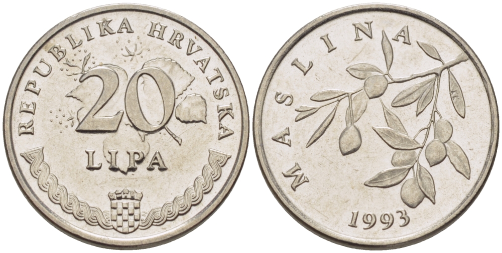 Хорватия 20 лип 1993 олива, легенда на хорватском KM 7 сталь плакированная никелем 66-531