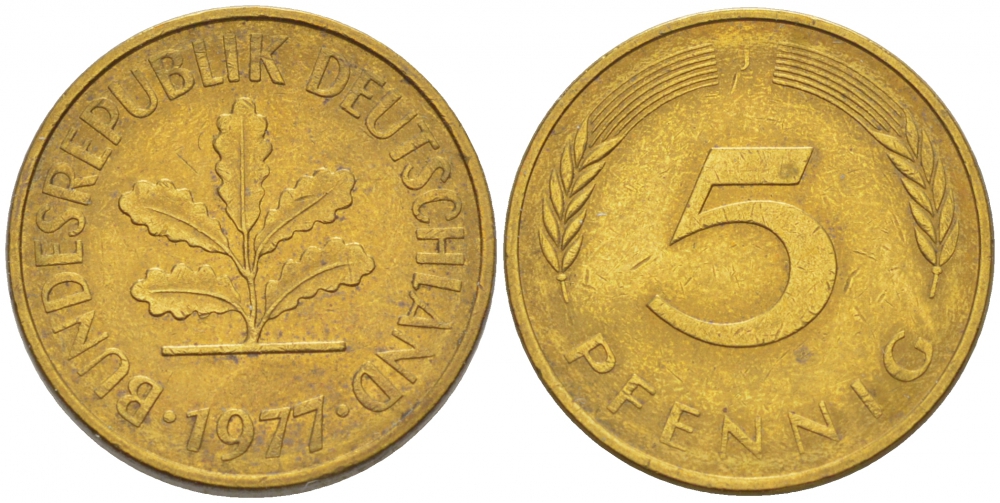 ФРГ 5 ПФЕННИГОВ 1977 J KM 107, J.382 сталь плакированная латунью 4396-1641