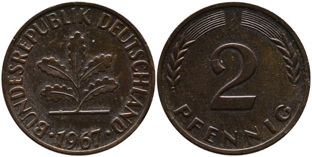 ФРГ 2 пфеннига 1967 J KM 106, J.381 бронза 99-148