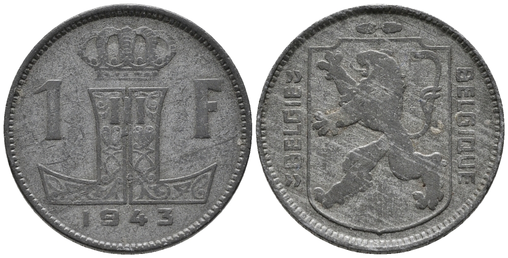 БЕЛЬГИЯ 1 ФРАНК 1943 BELGIE-BELGIQUE KM 128 цинк 34-1135