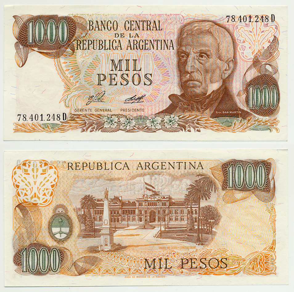 АРГЕНТИНА 1000 ПЕСО 1976 СЕРИЯ D 78401, ГЕНЕРАЛ САН МАРТИН Pick 304а бумага UNC (ПРЕСС) 7214-21-2