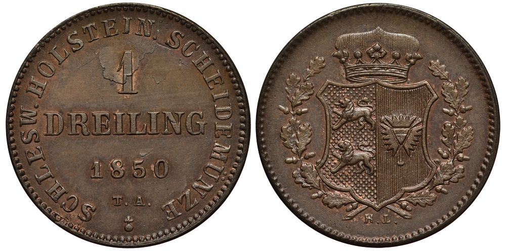 ШЛЕЗВИГ-ГОЛЬШТЕЙН 1 ДРАЙЛИНГ 1850 TA KM 23 медь UNC 65-727