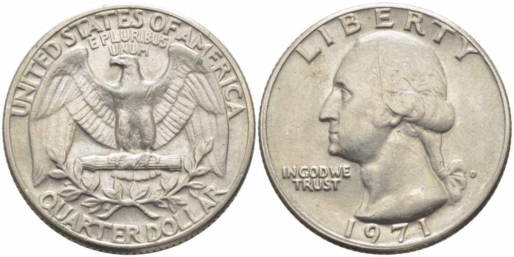 США 25 центов (квотер) 1971 Вашингтон KM 164а медь плакированная медно-никелем 63-843