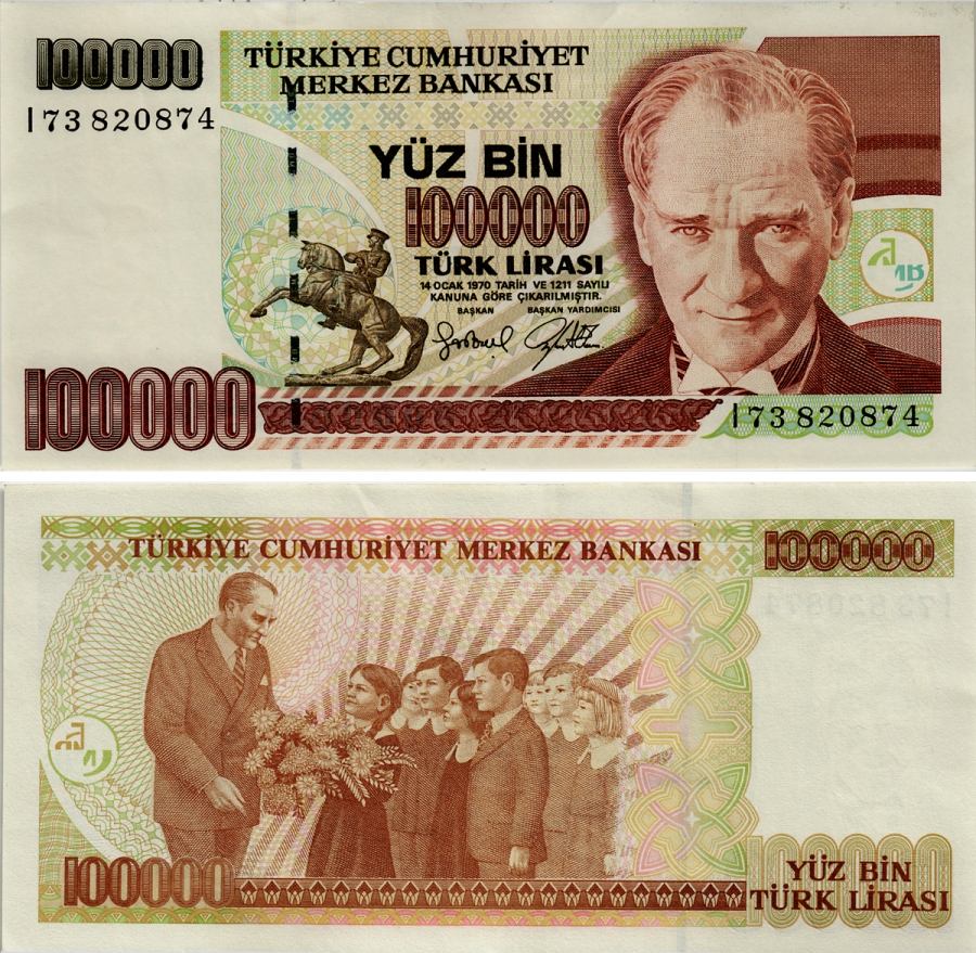 Турция 100000 лир 1997 L.1970, Кемаль Ататюрк Pick 206 бумага аUNC 6281-18-3-1