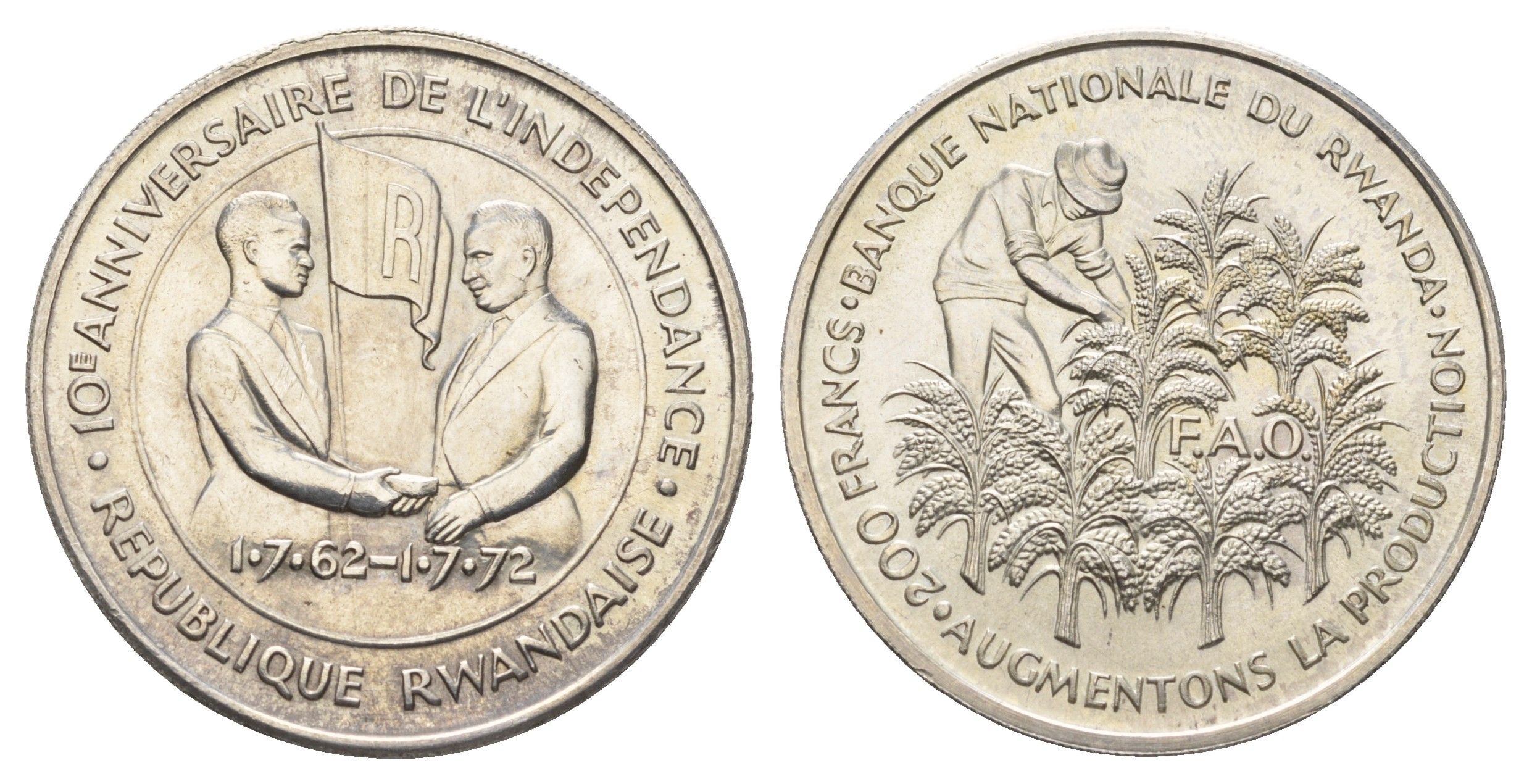 Руанда 200 франков 1972 10 лет Независимости KM 11 серебро BU 1519-1434