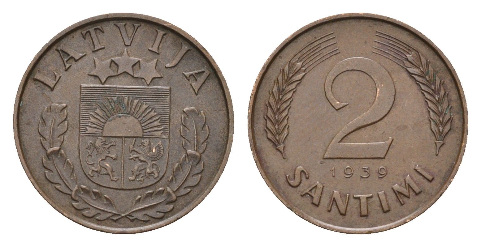 Латвия 2 сантима 1939 KM 11.2 бронза 4679-264