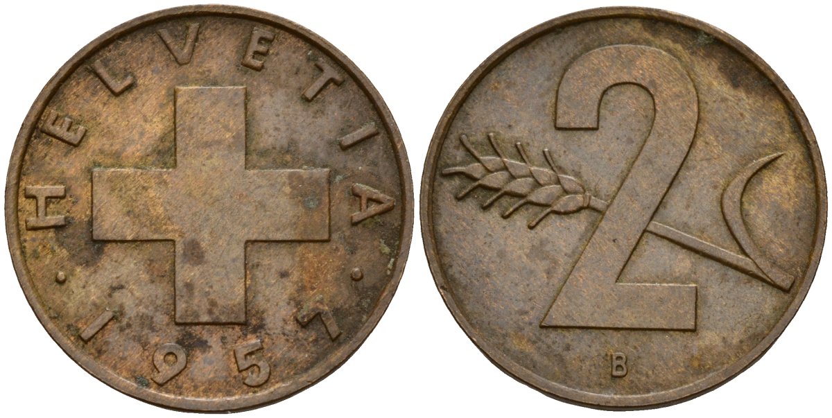 Швейцария 2 раппена 1957 B KM 47 бронза 4152-1063
