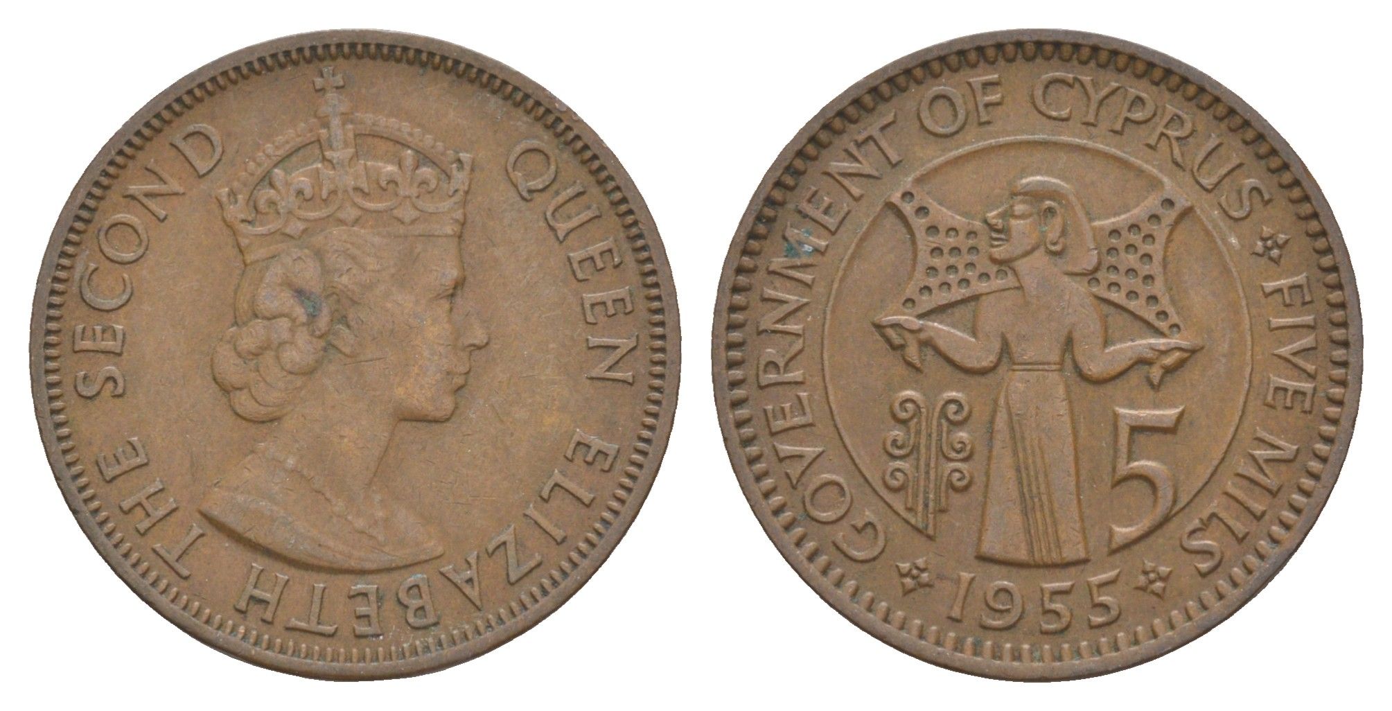 Кипр 5 милей 1955 Елизавета II (1952-2022) KM 34 бронза 4652-331