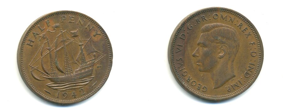 Великобритания 1/2 пенни 1942 Георг VI (1936-1952) KM 844, Spink 4115 бронза 59-1016