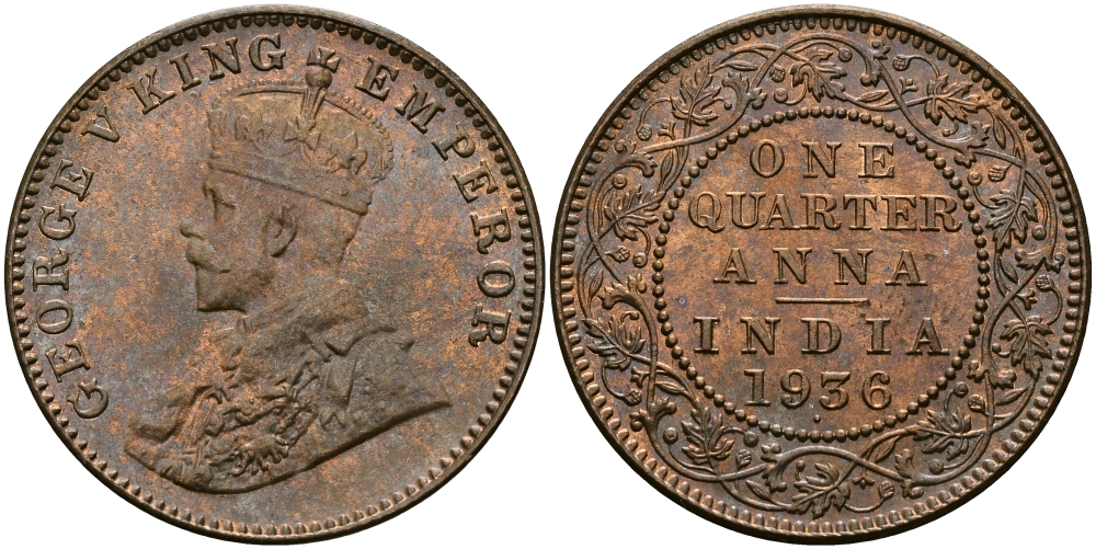 Британская Индия 1/4 анна 1936 Георг V (1910-1936) KM 512 бронза UNC 94-246