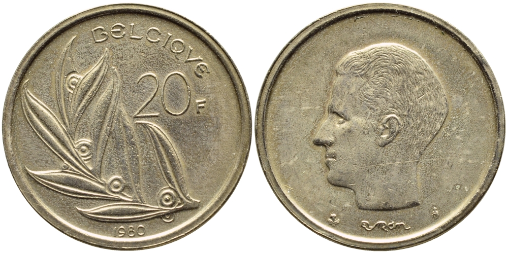 Бельгия 20 франков 1980 Belgique, Бодуэн I (1951-1993) KM 159 никель бронза 259-1232