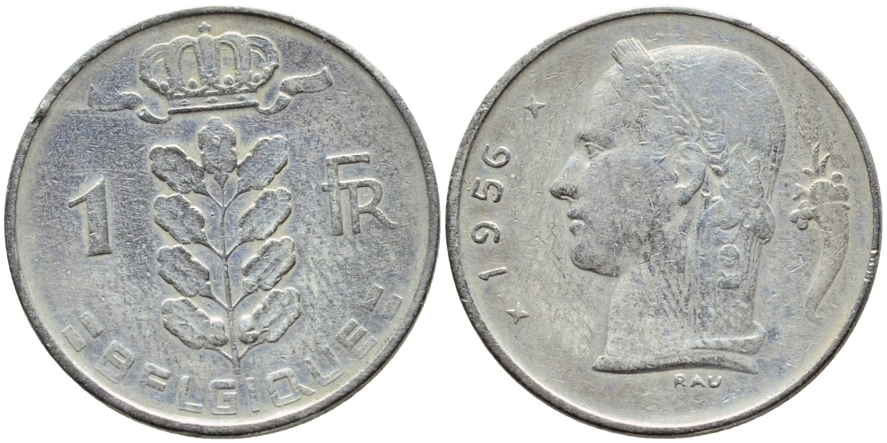 БЕЛЬГИЯ 1 ФРАНК 1956 BELGIQUE KM 142.1 медно-никель 4388-227