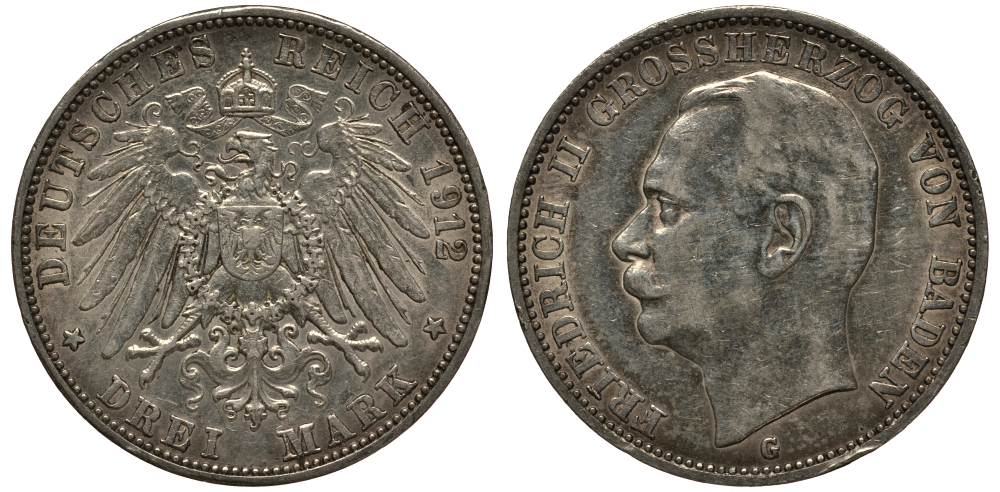 Баден 3 марки 1912 Фридрих II (1907-1918) J. 39, KM 280 серебро    3711-1733