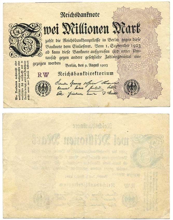 ГЕРМАНИЯ 2000000 МАРОК (2 МИЛЛИОНА) 1923 9 АВГУСТА 1923, СЕРИЯ RW, ВОДЯНОЙ ЗНАК Е, С/D В ЗВЁЗДАХ Pick 104, Розенберг 103а бумага VF-XF 8612-58-1-1