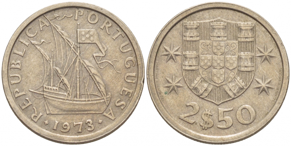 ПОРТУГАЛИЯ 2,5 ЭСКУДО 1973 ПАРУСНИК KM 590 медно-никель 3851-1062
