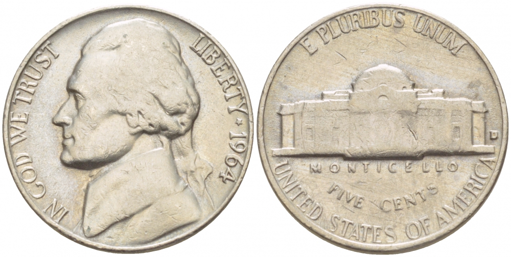 США 5 ЦЕНТОВ 1964 ДЖЕФФЕРСОН KM А192 медно-никель 4546-1137