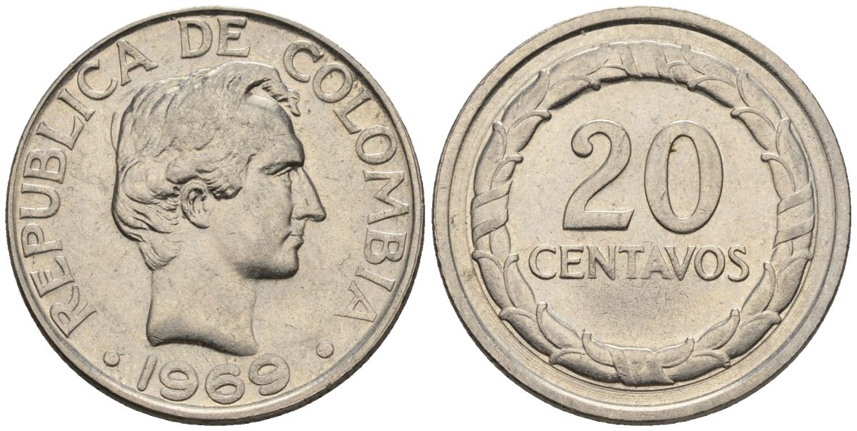 Колумбия 20 сентаво 1969 KM 227, Restrepo?394-2b сталь плакированная никелем 4514-412