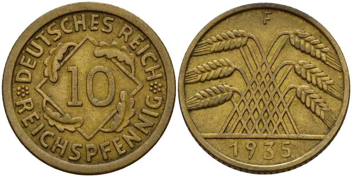 Германия 10 рейхспфеннигов 1935 F KM 40, J. 317 алюминиевая бронза 4187-1033