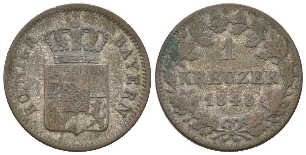 Бавария 1 крейцер 1848 Людвиг I (1825-1848) KM 422, AKS 88 серебро 4615-1264