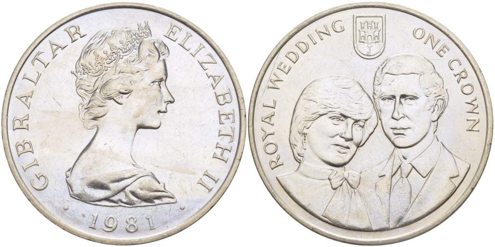 Гибралтар 1 крона 1981 королевская свадьба принца Чарльза и леди Дианы Спенсер, 29 июля 1981 года KM 14 медно-никель UNC 4527-435