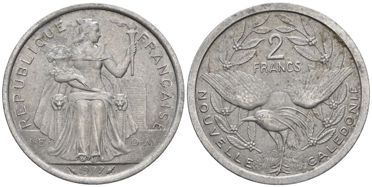 Французская Новая Каледония 2 франка 1977 птица кагу, (IEOM) KM 14, Schoen 11, Lec 58 алюминий    27-443