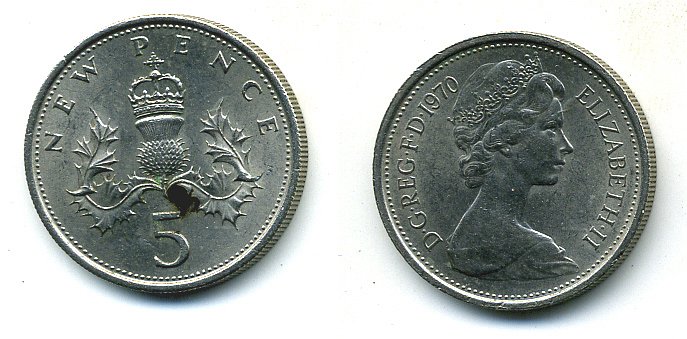 Великобритания 5 пенсов 1970 Елизавета II (1952-2022) KM 911, Spink 4233 (D1) медно-никель 4110-911