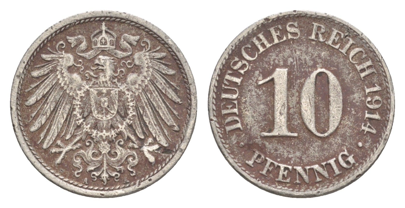 Германия 10 пфеннигов 1914 A, Вильгельм II (1888-1918) KM 12, J. 13 медно-никель 4647-921