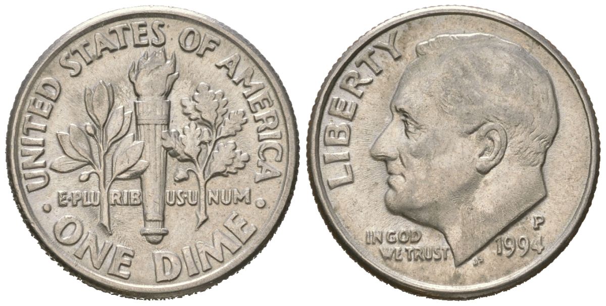 США 10 центов (дайм) 1994 P, президент Рузвельт KM 195a медь плакированная медно-никелем UNC 218-155