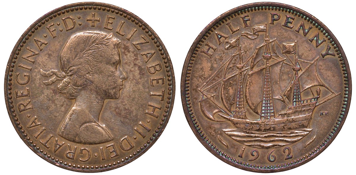 Великобритания 1/2 пенни 1962 Елизавета II (1952-2022) KM 896, Spink 4158 бронза 4122-831