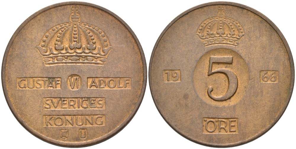 Швеция 5 эре 1966 U, Густав VI Адольф (1950-1973) KM 822 бронза 4557-823