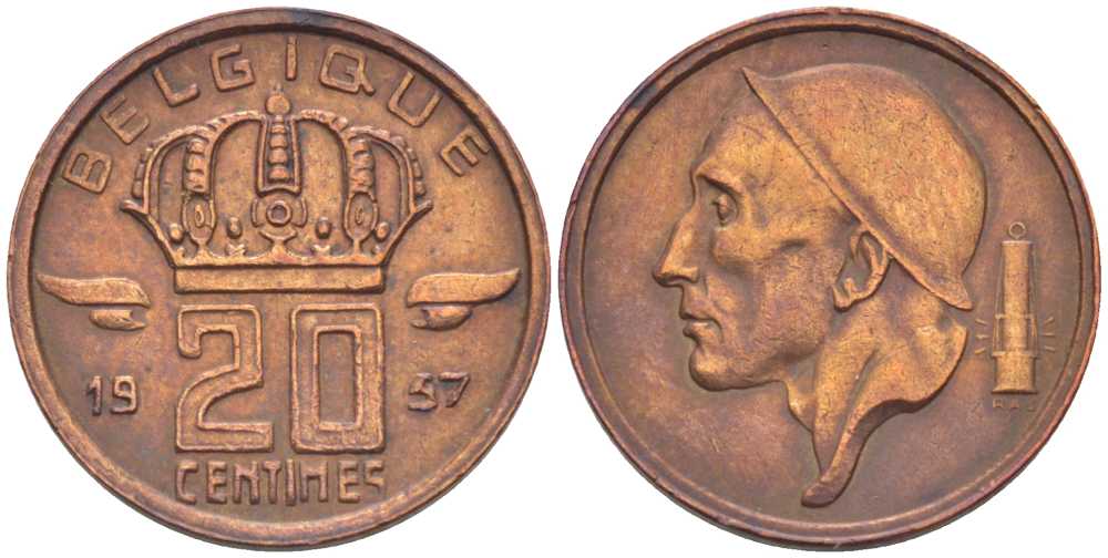 БЕЛЬГИЯ 20 САНТИМОВ 1957 BELGIQUE, БОДУЭН I (1951-1993) KM 146 бронза 3334-1244