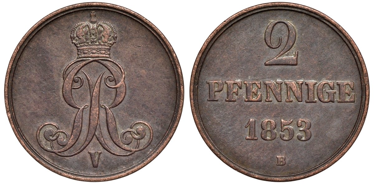 Брауншвейг-Каленберг-Ганновер 2 пфеннига 1853 B, Георг V (1851-1866) KM 217,aKS 152, J. 84 медь 4142-157