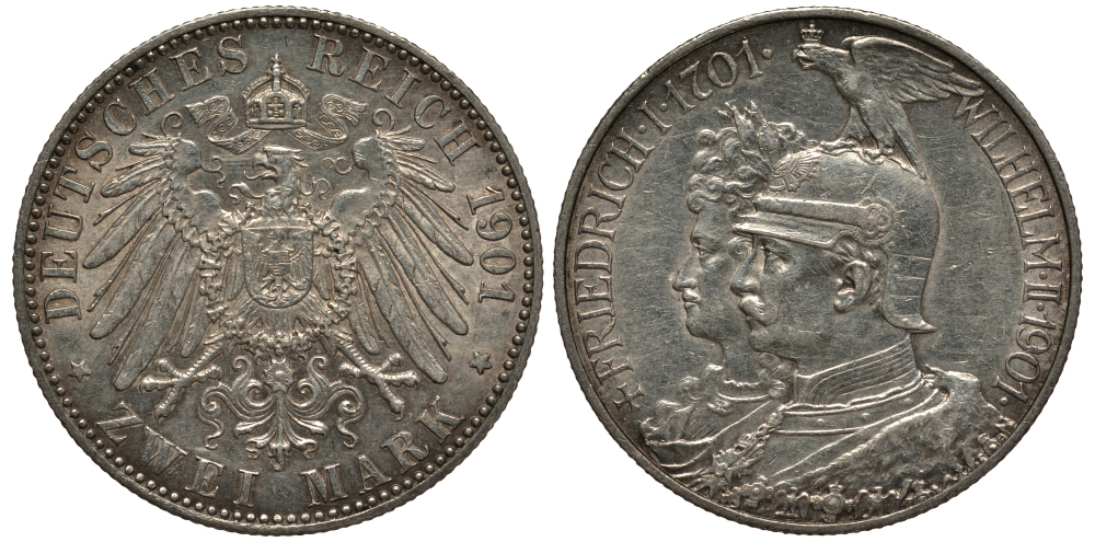 Пруссия 2 марки 1901 A, 200 лет Прусской королевской династии (Фридрих I - Вильгельм II) J.105, Weege 105, KM 525 серебро 3711-1135