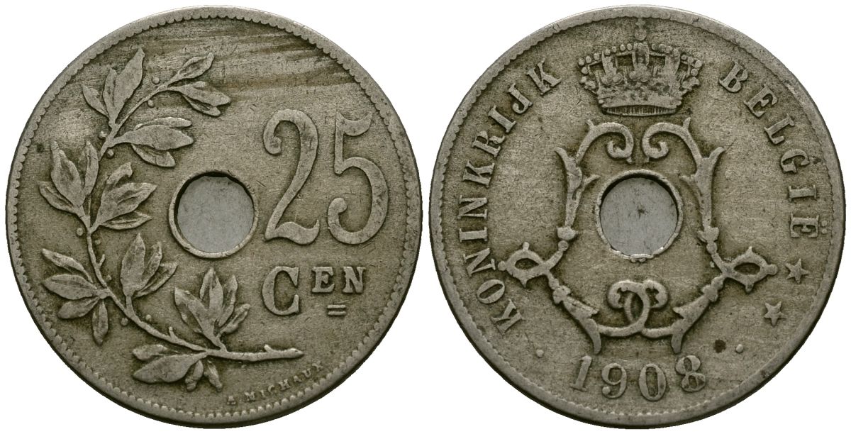 Бельгия 25 сантимов 1908 Belgie KM 63 медно-никель 4165-635