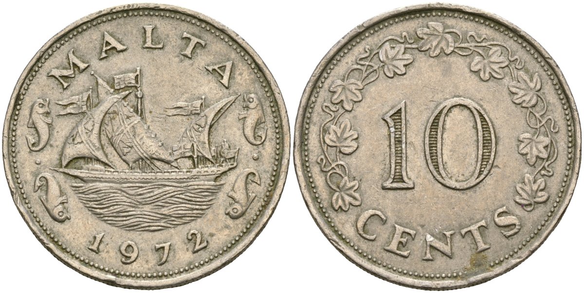 Мальта 10 центов 1972 баржа Великого магистра KM 11 медно-никель 4137-914