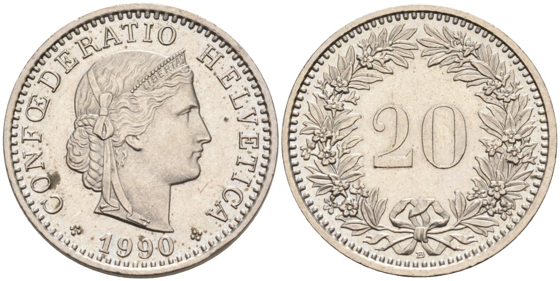 Швейцария 20 раппенов 1990 В KM 29а медно-никель 4563-113